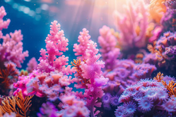 Fototapeta premium Vibrant Underwater Coral Reef Scene Illuminated by Sunlight