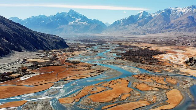 Aerial photo of the braid stream of the Tashkourgan River in the Alar Golden Grassland wetland in Pamir Plateau, Xinjiang, China