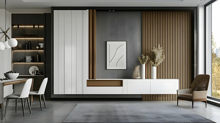 Modern interior design with white and wooden furniture, sleek lines of the cabinet against the wall in black vertical stripes, light gray walls