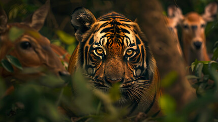 A tiger stalking silently through the dense undergrowth, its eyes fixed on a herd of deer grazing nearby.