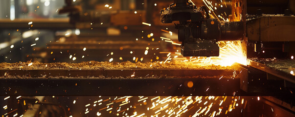 Illuminated Sparks Fly in an Industrial Sawmill Operation at Night
