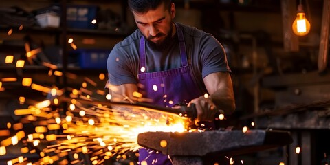 Blacksmith in apron hammering iron with sparks at anvil in workshop. Concept Artisan craft, Metalworking, Handcrafted items, Industrial skills, Traditional techniques