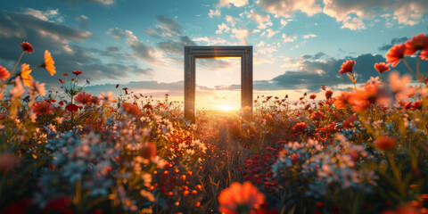 Enigmatic Sunset Through a Door Frame in a Blooming Wildflower Meadow