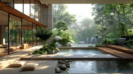 Modern Nature Inspired Interior Design with Elegant Outdoor Pool and Lush Landscaping