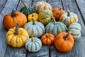 Colorful Autumn Harvest Variety of Pumpkins and Gourds on Wooden Background