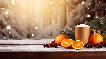 A glass mug of traditional christmas alcohol drink - mulled wine with cinnamon, anise and oranges
