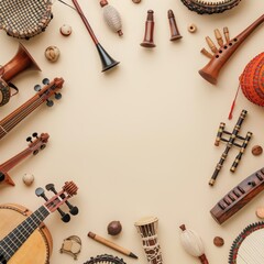 This creative flat lay template of traditional music instruments from around the world fosters a global appreciation for cultural diversity