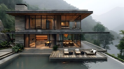 Serene Modern Rustic Retreat Nestled in Misty Forest Landscape with Mountain Views and Reflection Pool