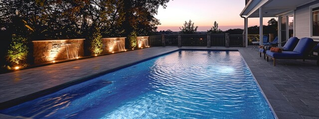 residential outdoor swimming pool illuminated by vibrant lighting.