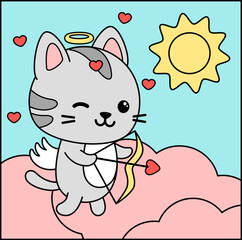 Cupid cat is archery on pink clouds. Childish illustration. Cartoon, vector.
