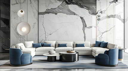 Modern living room interior design with marble wall, a blue and white sofa set and round coffee tables