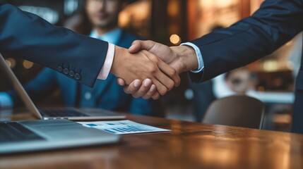 Business professionals shaking hands over a laptop in a cafe during a meeting.