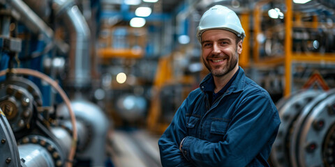 Smiling Male Engineer with Helmet Poses in Industrial Warehouse Setting