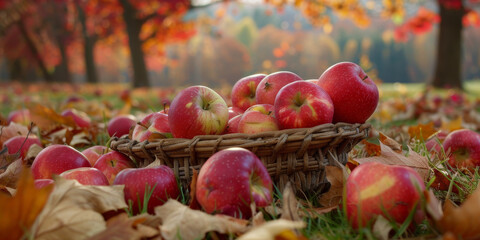 Autumn Harvest Scene With Fresh Apples in Wicker Basket Amid Fallen Leaves