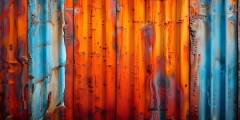 Rustic Steel Wall with Orange-Blue Texture: A Grunge Metal Background with Negative Space. Concept Rustic Steel Wall, Grunge Texture, Metal Background, Negative Space, Orange-Blue Palette