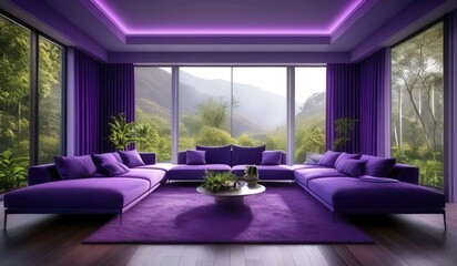A living room with purple couches and a table with a view of mountains and nature background