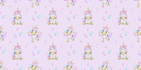 Print of cute little unicorns and hearts. Background of baby ponies. Watercolor hand drawn seamless pattern for children's rooms, goods, clothes, postcards, baby shower and nursery, fabric