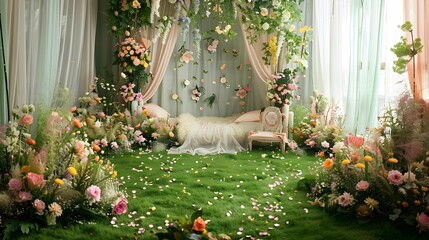 A whimsical fairy tale-themed photo studio with lush green grass, colorful flowers and soft pastel...