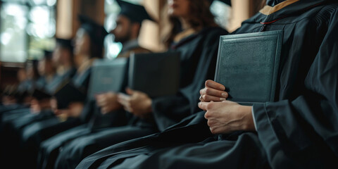 Row of Graduates Holding Diplomas in Graduation Ceremony