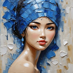 Asian woman portrait in blue - imitation Palette knife, impasto, oil painting	