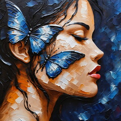 Woman with butterflies at night - imitation Palette knife, impasto, oil painting