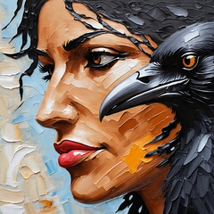 Woman with Crow - imitation Palette knife, impasto, oil painting