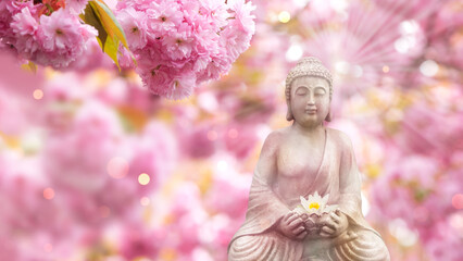 buddha statue in a bright pink cherry blossom garden in spring, sunny idyll with asian spirit for...