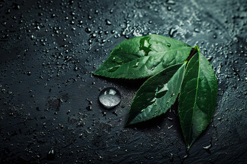 Shiny Mercury Droplet on Dark Metallic Surface with Green Leaves