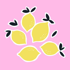 Abstract illustration lemons with leaves. Set of citrus tropical fruits. 