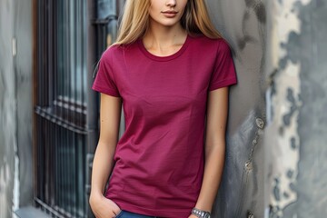 Fototapeta premium Confident Young Woman Standing Before Fissured Wall Background