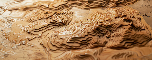 Intricately Detailed Topographic Map Laser-Engraved on Wooden Surface