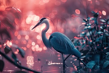 Fototapeta premium Serene Blue Heron Scene with Uninvited Companion