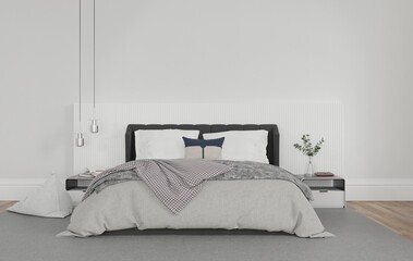 mockup bedroom cozy modern home interior, bed empty headboard lath pattern and white wall background. room 3D rendering