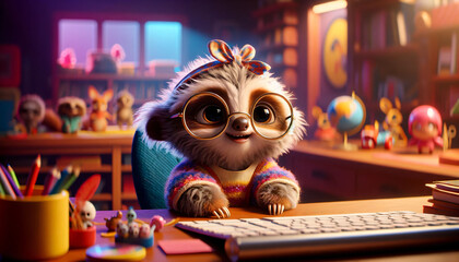 Cute cartoon sloth with glasses typing on keyboard, colorful room, focused, tech-savvy, playful, creative environment.
