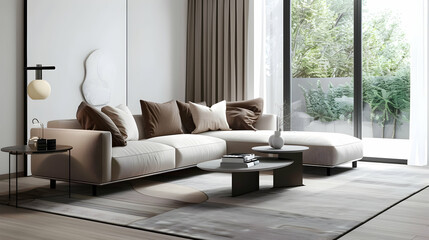 Modern style living room interior design with a sofa, coffee table and carpet decoration in a light gray color scheme