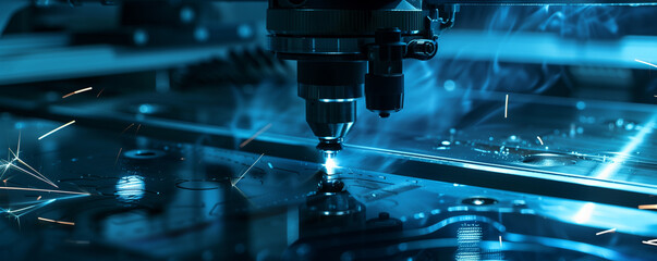 Fototapeta premium High Precision Laser Engraving on Metal in a Modern Industrial Setting