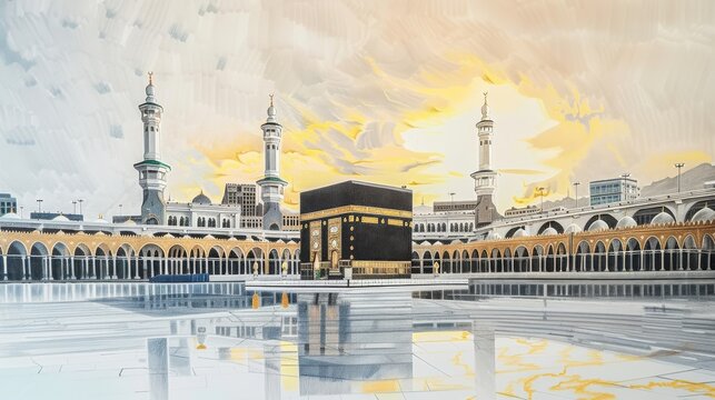 Holy Kaaba in Mecca, Saudi Arabia. A style in colored pencil sketch