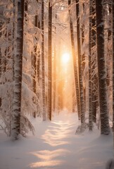an image of a forest filled with snow covered trees,  sunrays shine upon it