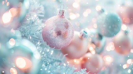 Pastel Christmas Dreams: Design a dreamy Christmas background with soft pastel shades, featuring delicate ornaments, twinkling lights, and a cozy holiday ambiance. 