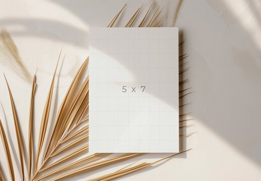 5 x 7 Size Paper Mockup Against Dry Palm Leaf and Generative ai