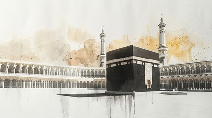 Holy Kaaba in Mecca, Saudi Arabia. A style in colored pencil sketch