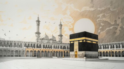 Holy Kaaba in Mecca, Saudi Arabia. A style in colored pencil sketch