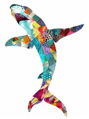 Cute Hammerhead shark with colorful patchwork geometric pattern and abstract elements on white background for clothing design, textiles, posters, paintings souvenirs, packaging, baby products, website