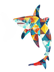 Cute Hammerhead shark with colorful patchwork geometric pattern and abstract elements on white background for clothing design, textiles, posters, paintings souvenirs, packaging, baby products, website