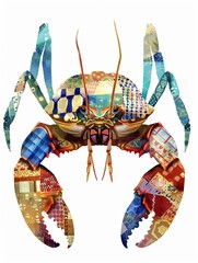 Cute Hermit crab with colorful patchwork geometric pattern and abstract elements on white background for clothing design, textiles, posters, paintings, souvenirs, packaging, baby products, website
