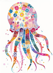 Cute Jellyfish with colorful patchwork geometric pattern and abstract elements on white background for clothing design, textiles, posters, paintings, souvenirs, packaging, baby products, website