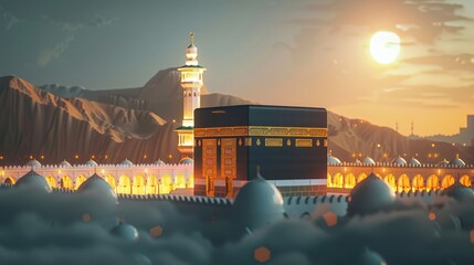 Holy Kaaba in Mecca, Saudi Arabia. Representation in a minimalist style © Emqan