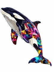 Cute Killer whale with colorful patchwork geometric pattern and abstract elements on white background for clothing design, textiles, posters, paintings, souvenirs, packaging, baby products, website