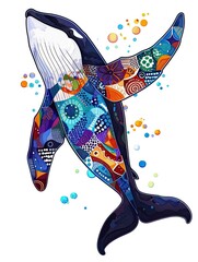 Cute Killer whale with colorful patchwork geometric pattern and abstract elements on white background for clothing design, textiles, posters, paintings, souvenirs, packaging, baby products, website