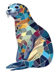 Cute Leopard seal with colorful patchwork geometric pattern and abstract elements on white background for clothing design, textiles, posters, paintings, souvenirs, packaging, baby products, website